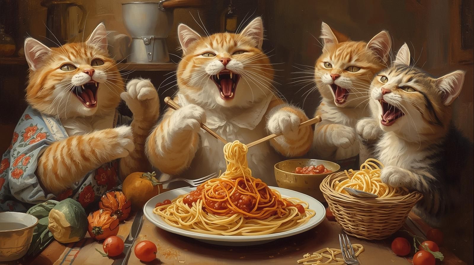 Four cheerful cats sit around a table enjoying plates of spaghetti, laughing with mouths open. The scene is lively and cozy, with pasta, vegetables, and kitchenware decorating the warm, inviting setting.