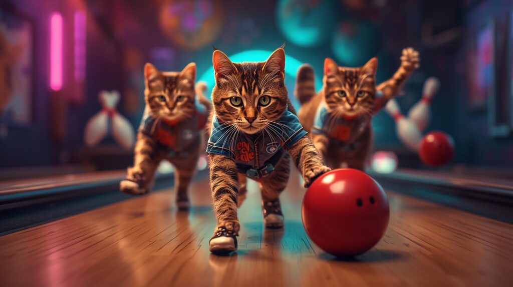 Three cats wearing bowling shirts and shoes bowl on a lane, each rolling a red ball toward pins. The scene is colorful and playful, with a fun, animated atmosphere reminiscent of an APA golf outing.
